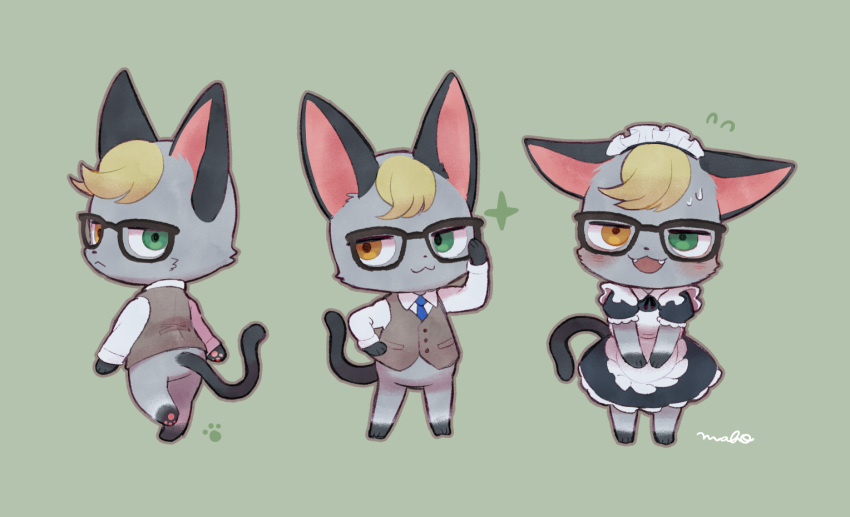 2020 alternate_costume animal_crossing anthro black_ears black_tail blonde_hair blush bottomless clothed clothing crossdressing cute_fangs domestic_cat eyewear felid feline felis full-length_portrait fur glasses green_background grey_body grey_fur hair heterochromia looking_at_viewer looking_back mabo_(artist) maid_uniform male mammal multiple_images multiple_poses nintendo on_one_leg portrait pose raymond_(animal_crossing) signature simple_background solo standing topwear uniform video_games