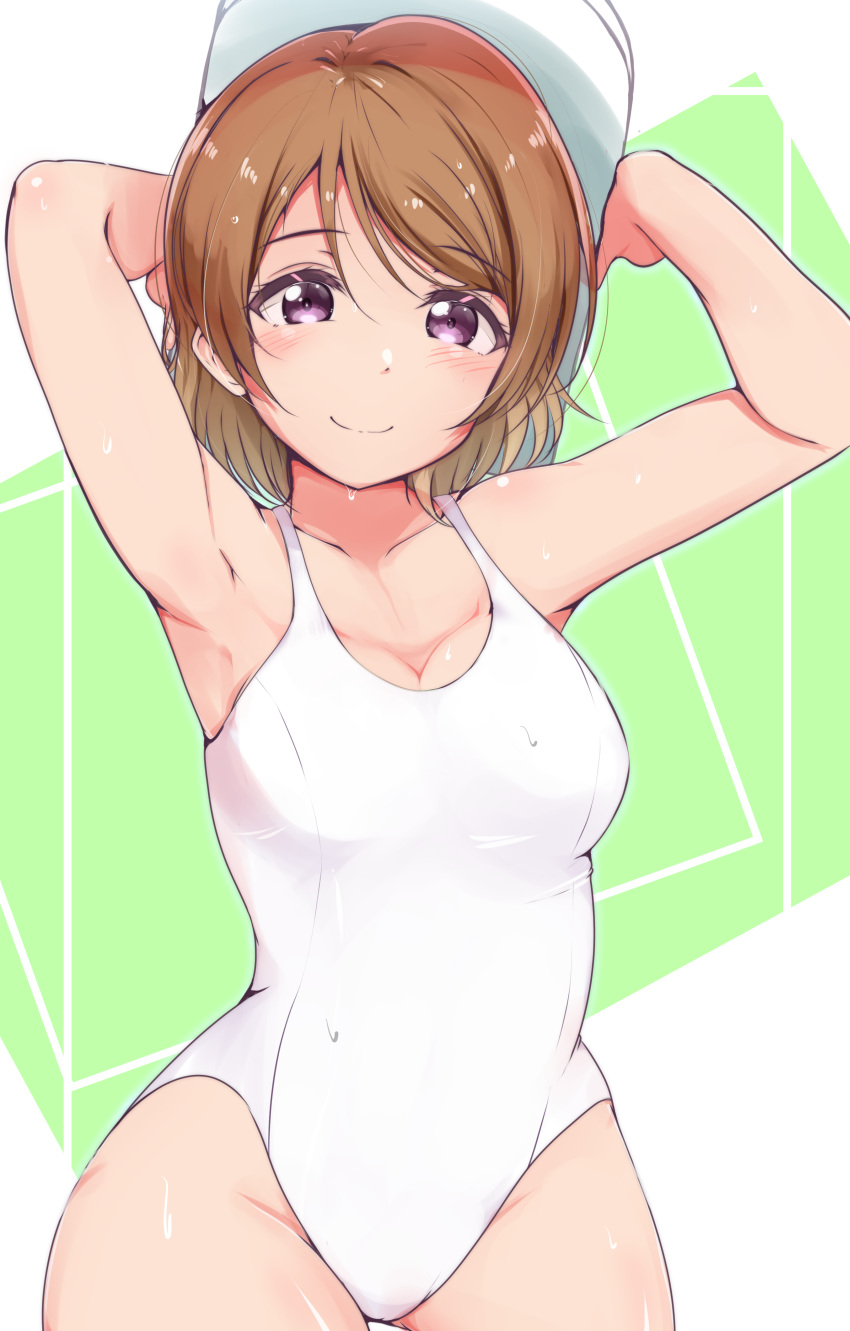 1girl absurdres ankoiri armpits arms_up blush breasts brown_hair cleavage collarbone green_background highres holding koizumi_hanayo looking_at_viewer love_live! love_live!_school_idol_project medium_breasts one-piece_swimsuit purple_eyes short_hair smile solo swimsuit wet white_swimsuit