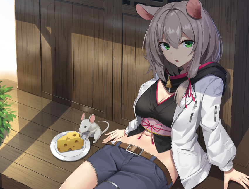1girl absurdres animal_ears belt breasts cheese chinese_zodiac coat eyebrows_visible_through_hair food green_eyes highres large_breasts looking_at_viewer lying medium_hair mouse_ears mouse_girl navel on_back original parted_lips plate shorts solo suiroh_(shideoukami) white_coat year_of_the_rat