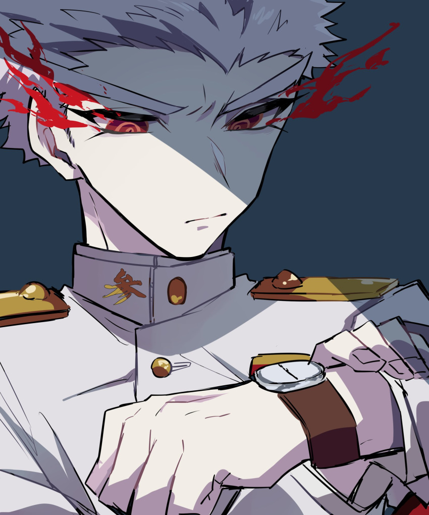 1boy blue_background buttons closed_mouth commentary_request danganronpa danganronpa_1 epaulettes expressionless flaming_eyes gakuran hands_up highres ishimaru_kiyotaka long_sleeves looking_at_watch looking_down mandarin_collar nekoma_hikaru red_eyes school_uniform simple_background sleeves_rolled_up solo spoilers thick_eyebrows upper_body watch white_gakuran white_hair wristwatch
