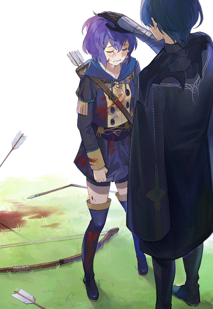 1boy 1girl arrow_(projectile) backlighting bernadetta_von_varley blood bloody_clothes blush boots bow_(weapon) byleth_(fire_emblem) byleth_(fire_emblem)_(male) closed_eyes commentary crying fire_emblem fire_emblem:_three_houses full_body garreg_mach_monastery_uniform grass highres kyufe outdoors petting tears thigh_boots thighhighs weapon zettai_ryouiki