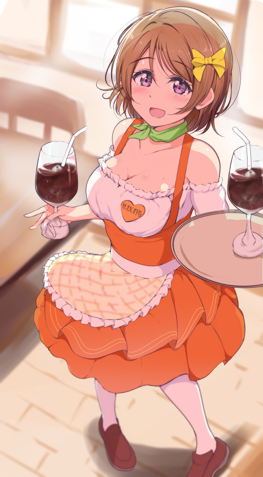 1girl absurdres alternate_costume ankoiri apron blush bow breasts brown_hair cleavage cup drink drinking_glass drinking_straw green_neckwear hair_bow highres holding holding_cup holding_tray koizumi_hanayo looking_at_viewer love_live! love_live!_school_idol_project medium_breasts name_tag open_mouth purple_eyes short_hair solo tray waist_apron waitress white_legwear yellow_bow