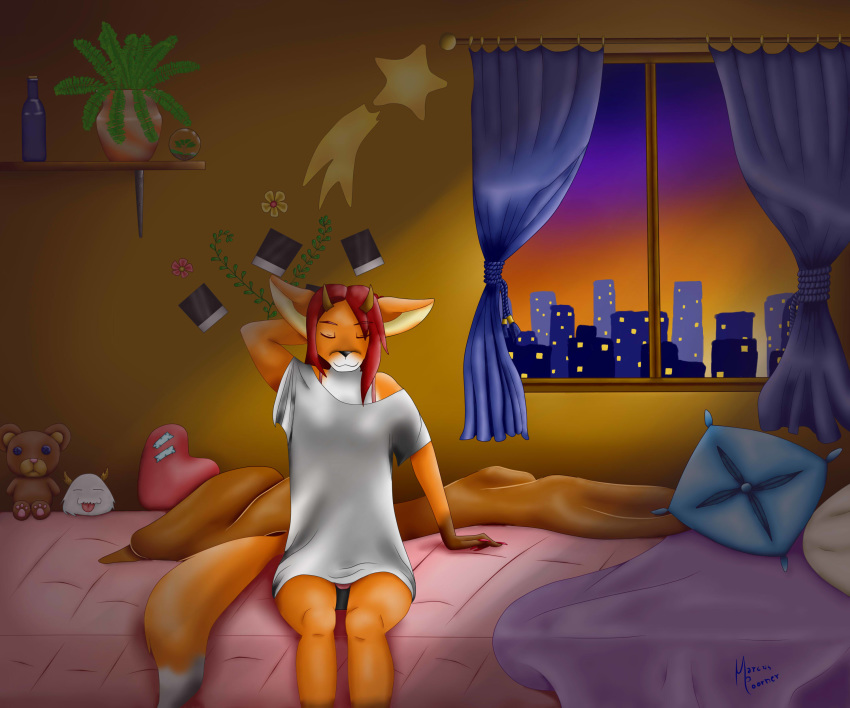 &lt;3 absurd_res anthro bed canid canine city clothing ears_down eyes_closed female fox fur furniture hair hi_res horn league_of_legends lingerie mammal marcus_poorner morning photography pivoted_ears poro_(lol) red_body red_fur red_hair riot_games shooting_star solo teddy_bear topwear video_games