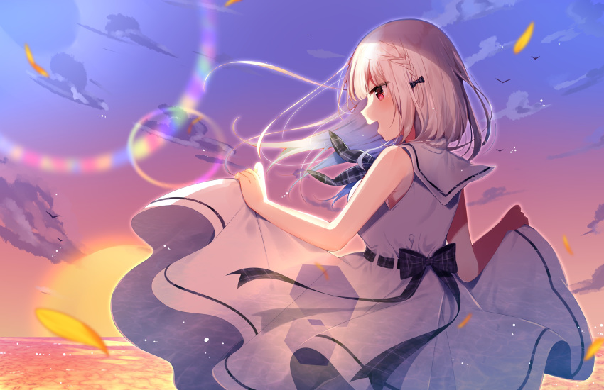 blush bow braids clouds dress leaves mafuyu_(chibi21) original red_eyes sky sunset water white_hair