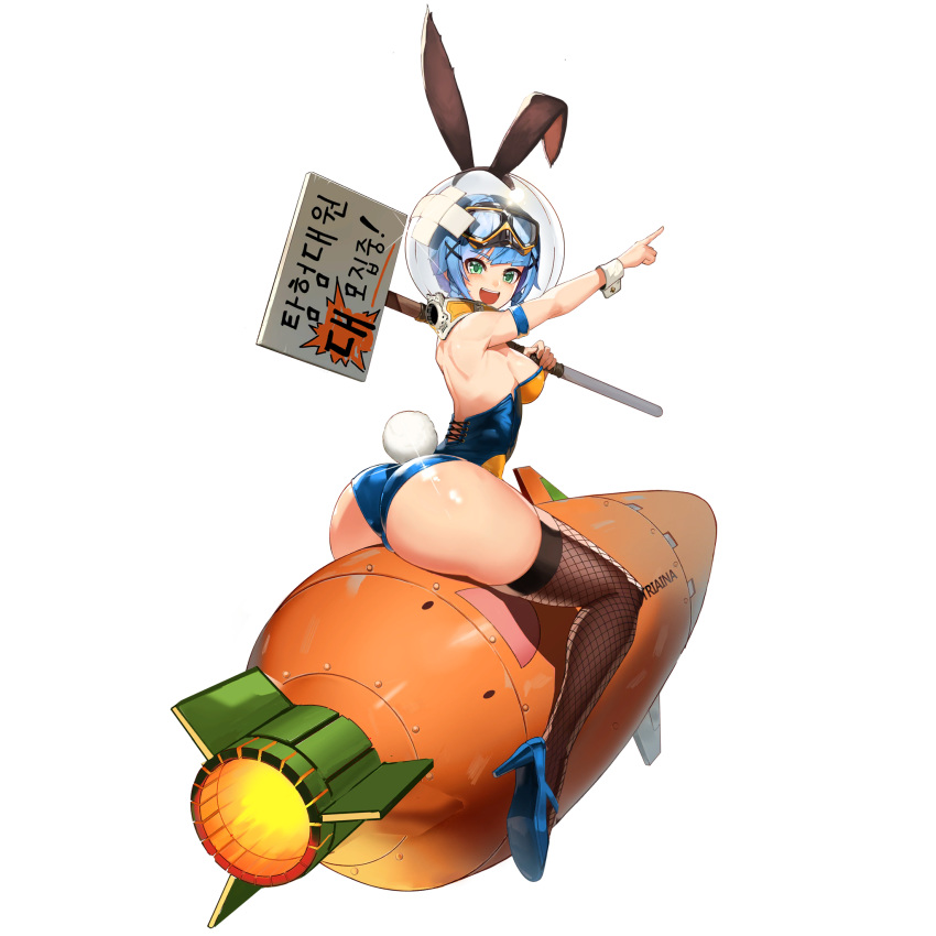 1girl animal_ears ass back black_legwear blue_hair blush braid breasts bunny_ears bunny_girl bunny_tail bunnysuit carrot fake_animal_ears fishnet_legwear fishnets from_behind goggles goggles_on_head green_eyes hair_ornament high_heels highres korean_text last_origin looking_at_viewer looking_back medium_breasts open_mouth placard pointing riding rocket sangobob short_hair sideboob sign smile solo space_helmet tachi-e tail thighhighs transparent_background triaina twin_braids wrist_cuffs x_hair_ornament