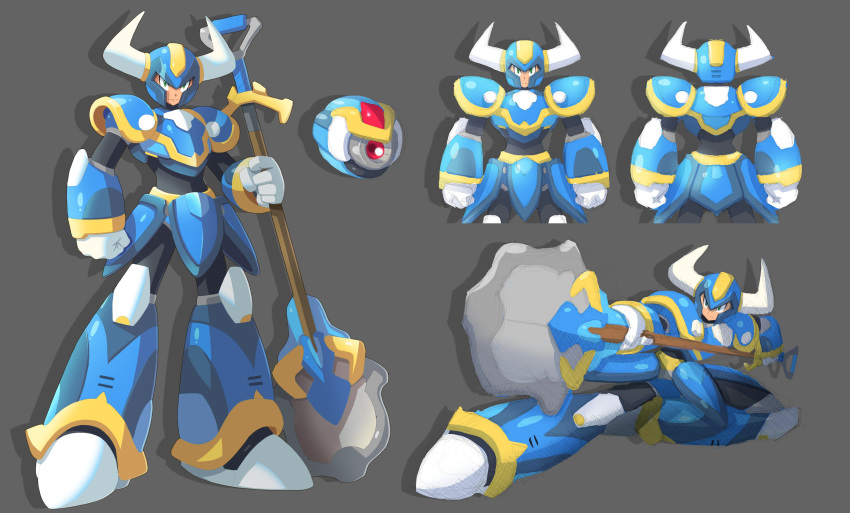 1boy absurdres adapted_costume armor crossover full_body green_eyes grey_background helmet highres horned_helmet looking_at_viewer multiple_views rockman rockman_x serious shoulder_armor shovel shovel_knight smile standing ultimatemaverickx x_(rockman)