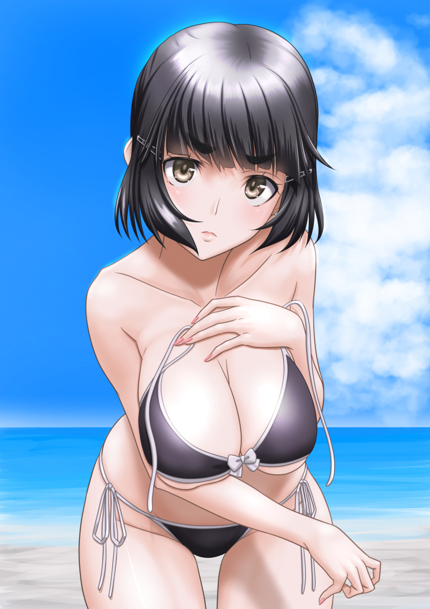 1girl bikini black_bikini blue_sky braid braided_bun breasts brown_eyes brown_hair cleavage cloud commentary_request day hair_bun hair_ornament hairclip highres kantai_collection large_breasts looking_at_viewer myoukou_(kantai_collection) outdoors short_hair side-tie_bikini sky solo swimsuit t2r thick_eyebrows untied untied_bikini