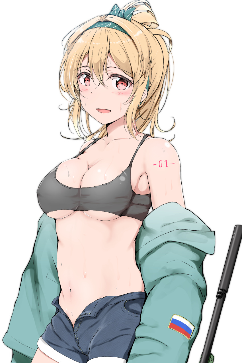 1girl absurdres ankoiri blonde_hair blush bow breasts denim denim_shorts girls_frontline green_bow green_hairband gun hair_bow hairband highres jacket large_breasts long_hair looking_at_viewer number_tattoo open_fly ponytail red_eyes russian_flag shorts simple_background smile solo sports_bra sv-98_(girls_frontline) sweat tattoo underboob undressing weapon white_background
