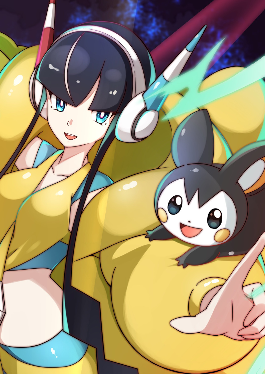 1girl absurdres bangs black_hair blue_eyes blunt_bangs breasts coat collarbone commentary_request emolga energy fur_coat gen_5_pokemon gym_leader headphones highres index_finger_raised kamitsure_(pokemon) long_sleeves looking_to_the_side miyama-san open_mouth outstretched_arms pokemon pokemon_(creature) pokemon_(game) pokemon_bw2 pokemon_on_arm short_hair_with_long_locks smile teeth tongue yellow_coat