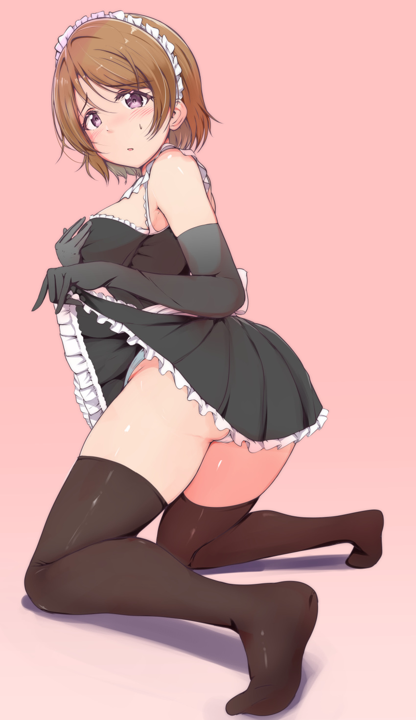 1girl absurdres ankoiri black_gloves black_legwear blush breasts brown_hair dress dress_lift elbow_gloves gloves highres kneeling koizumi_hanayo lifted_by_self looking_at_viewer love_live! love_live!_school_idol_project maid maid_dress maid_headdress medium_breasts panties pink_background purple_eyes raised_eyebrows shadow short_hair solo thighhighs underwear white_panties