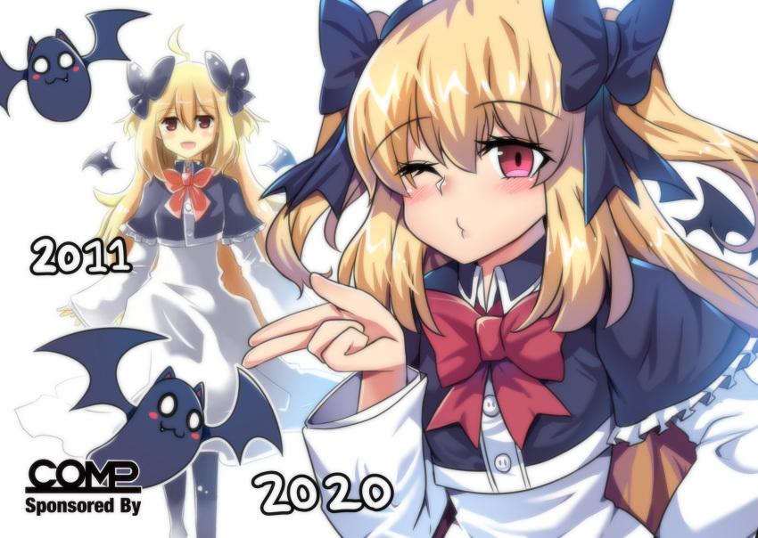 1girl :d artist_progress bat black_bow blank_eyes blonde_hair blown_kiss blush bow bowtie dress english_commentary hair_bow highres hinghoi multiple_views one_eye_closed open_mouth original red_bow red_eyes smile two_side_up white_dress