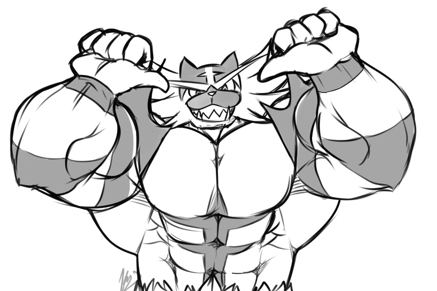 anthro biceps big_muscles eyebrows felid feline flammars flexing hi_res incineroar male mammal monochrome muscular muscular_anthro muscular_male nintendo pecs pok&eacute;mon pok&eacute;mon_(species) smile smirk solo teeth thick_eyebrows video_games yongdasom