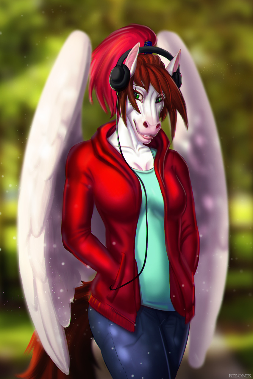 2019 anthro better_version_at_source breasts clothed clothing colored digital_drawing_(artwork) digital_media_(artwork) digital_painting_(artwork) equid equine fantasy female glowing green_eyes hair hi_res long_hair mammal multicolored_hair pegasus portrait rainbow_hair red_clothing rizonik shaded simple_background smile solo sparkles sweater teeth topwear white_body wings