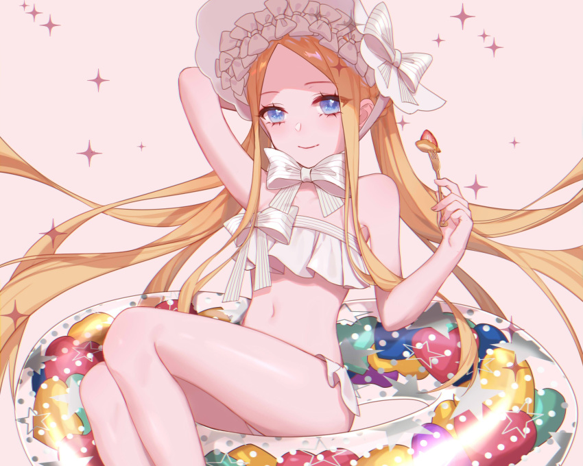 1girl abigail_williams_(fate/grand_order) abigail_williams_(swimsuit_foreigner)_(fate) bangs bare_shoulders bikini blonde_hair blue_eyes bonnet bow braid breasts closed_mouth fate/grand_order fate_(series) food forehead fork fruit hair_bow hair_rings highres innertube jesse_(pixiv34586727) long_hair miniskirt navel pancake parted_bangs sidelocks skirt small_breasts smile sparkle strawberry swimsuit thighs twin_braids twintails very_long_hair white_bikini white_bow white_headwear