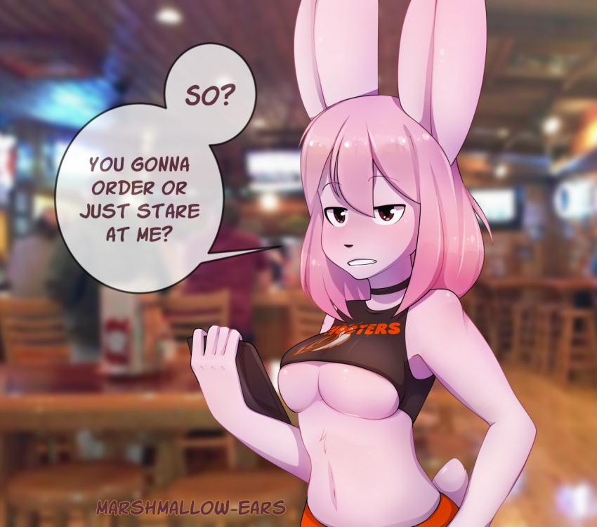 anthro bedroom_eyes breasts clothing costume english_text female hooters hooters_uniform lagomorph leporid looking_at_viewer male mammal marshmallow-ears narrowed_eyes peachy_(marshmallow-ears) rabbit raised_tail seductive solo speech_bubble text