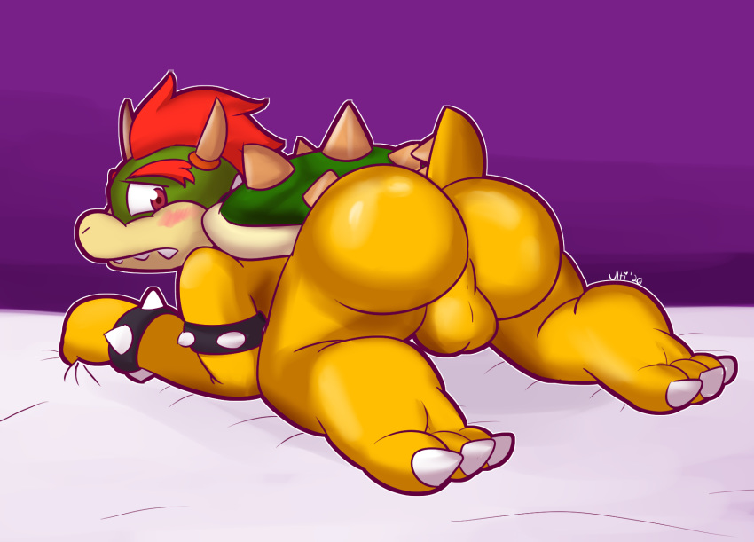 2020 3_toes anthro armband backsack balls beige_scales big_butt black_armband black_bracelet bowser bracelet bubble_butt butt claws genitals grabbing_sheets gradient_background green_body green_scales hair hi_res jewelry koopa looking_back male mario_bros nintendo nude overbite purple_background raised_tail red_eyes red_hair scales scalie sharp_teeth shell simple_background solo spiked_armband spiked_bracelet spikes spikes_(anatomy) teeth toe_claws toes ultilix video_games white_claws yellow_balls yellow_body yellow_scales