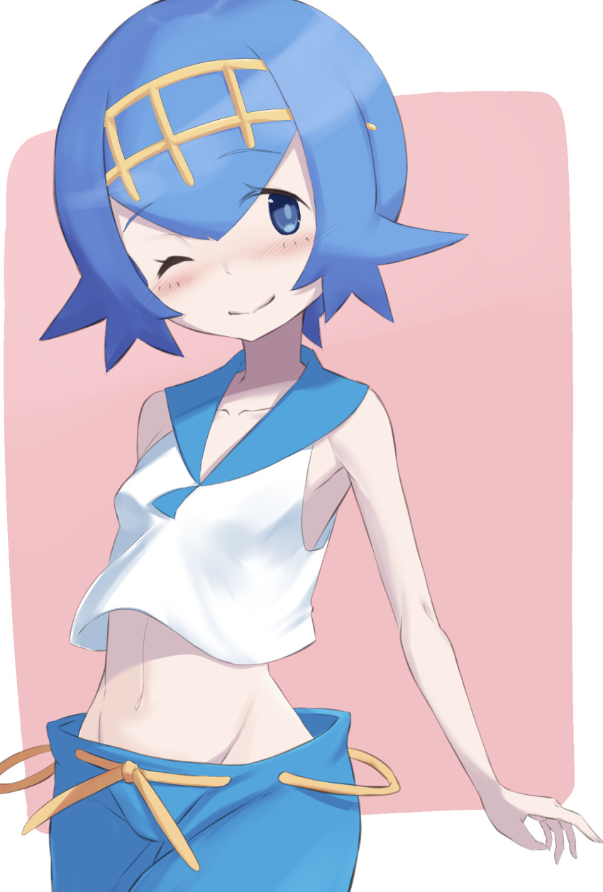 1girl blue_eyes blue_hair blue_pants blush closed_mouth collarbone commentary_request eyebrows_visible_through_hair freckles gold_hairband highres nakami_cheese navel one_eye_closed pants pokemon pokemon_(game) pokemon_sm sailor_collar shirt short_hair sleeveless sleeveless_shirt smile solo suiren_(pokemon) two-tone_background