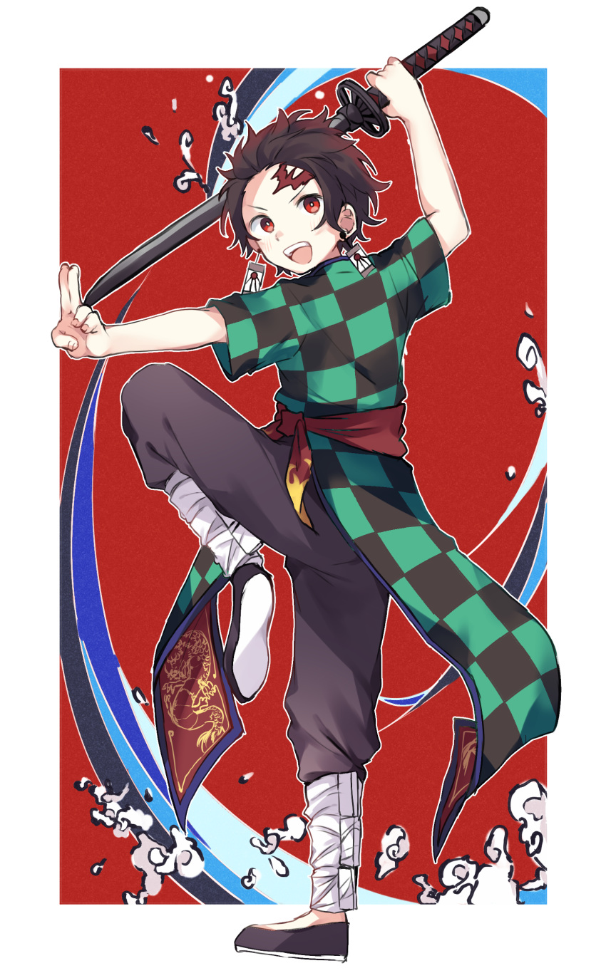 1boy :d absurdres adapted_costume black_footwear black_pants border brown_hair checkered chinese_clothes earrings facial_scar forehead_scar from_side highres holding holding_sword holding_weapon jewelry kamado_tanjirou katana kimetsu_no_yaiba leg_lift looking_at_viewer makura_(makura0128) male_focus open_mouth outstretched_hand pants pose red_background salute scar smile solo standing standing_on_one_leg sword two-finger_salute weapon white_border