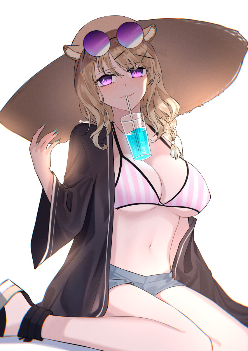 1girl absurdres animal_ear_fluff animal_ears arknights bangs bikini black_jacket blonde_hair blue_nails breasts commentary cup drinking drinking_glass drinking_straw eyebrows_visible_through_hair eyewear_on_head hair_ornament hand_up hat highres jacket large_breasts long_hair long_sleeves looking_at_viewer lucid_(125998966) nail_polish navel open_clothes open_jacket pink_bikini purple_eyes simple_background sitting smile solo stomach striped striped_bikini sun_hat sunglasses swimsuit thighs utage_(arknights) vertical-striped_bikini vertical_stripes wariza white_background wide_sleeves x_hair_ornament