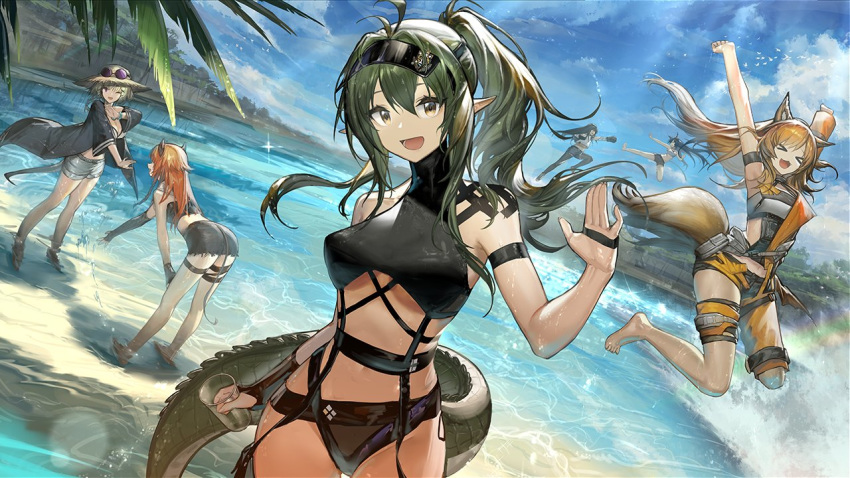 &gt;_&lt; 6+girls :d ;d alternate_hairstyle antenna_hair arknights arm_strap armpits arms_up artist_request ass bangs bare_arms bare_shoulders bikini black_bikini black_jacket blaze_(arknights) blue_sky breasts ceobe_(arknights) cloud commentary crocodilian_tail croissant_(arknights) cup day drinking_glass dutch_angle flint_(arknights) gavial_(arknights) green_hair grey_eyes hair_between_eyes hat holding holding_cup horns jacket leaning_forward long_hair looking_at_viewer medium_breasts multiple_girls navel one_eye_closed open_clothes open_jacket open_mouth orange_hair pointy_ears ponytail sky smile stomach sun_hat sunglasses swimsuit tail utage_(arknights) visor_cap