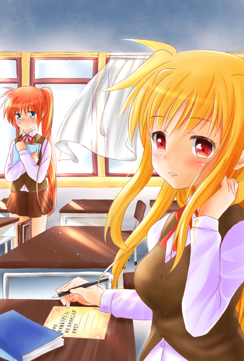 2girls blonde_hair blue_eyes blush classroom embarrassed fate_testarossa highres kerorokjy long_hair looking_at_another love_letter lyrical_nanoha mahou_shoujo_lyrical_nanoha mahou_shoujo_lyrical_nanoha_a's multiple_girls open_mouth orange_hair pen red_eyes school_uniform shy side_ponytail sunset table takamachi_nanoha uniform very_long_hair window writing yuri