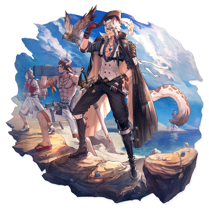 3boys abs adjusting_clothes adjusting_hat animal_ears arknights axe bangs bird black_cape black_footwear black_gloves black_pants blue_sky boots brown_hair cape cloud courier_(arknights) day feathers gloves grey_eyes hair_between_eyes hand_up hat hat_feather highres holding horns jewelry leopard_ears male_focus matterhorn_(arknights) multiple_boys ocean official_art pants pendant red_tank_top ryuuzaki_ichi scabbard sheath sheathed shirt shirtless shorts silver_hair silverash_(arknights) sky smile standing sword tank_top telescope tenzin_(arknights) transparent_background tricorne water weapon white_shirt white_shorts
