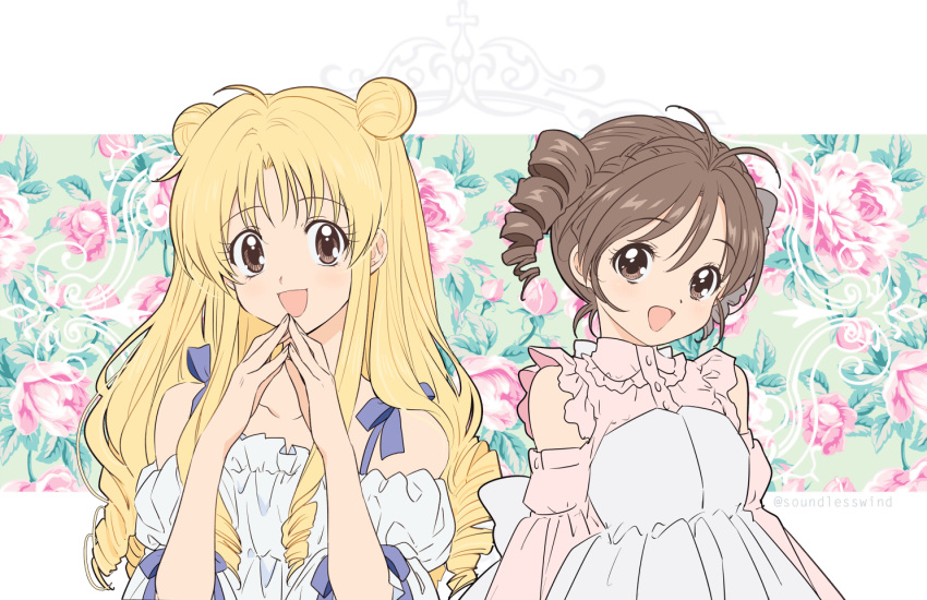 2girls :d ahoge antenna_hair bangs bare_shoulders blonde_hair blouse braid brown_eyes brown_hair commentary crown_braid double_bun dress drill_hair dual_persona eyebrows_visible_through_hair eyelashes floral_background full_moon_(full_moon_wo_sagashite) full_moon_wo_sagashite kaze-hime kouyama_mitsuki long_hair multiple_girls off_shoulder open_mouth own_hands_together ringlets short_hair sidelocks smile twin_drills twintails twitter_username upper_body