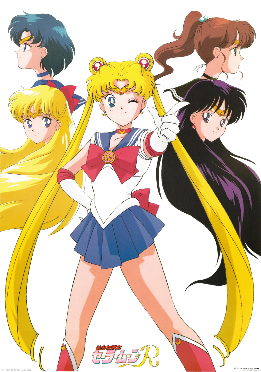 1990s_(style) 5girls absurdres aino_minako bishoujo_senshi_sailor_moon black_eyes black_hair blonde_hair blue_eyes blue_hair blue_skirt boots bow brown_hair choker crescent crescent_earrings double_bun earrings green_eyes hair_bow hand_on_hip high_ponytail highres hino_rei jewelry kino_makoto knee_boots logo long_hair looking_at_viewer mizuno_ami multiple_girls official_art one_eye_closed outstretched_arm pleated_skirt pointing pointing_at_viewer profile sailor_jupiter sailor_mars sailor_mercury sailor_moon sailor_venus scan short_hair simple_background skirt smile star_(symbol) star_earrings stud_earrings tiara tsukino_usagi twintails very_long_hair white_background