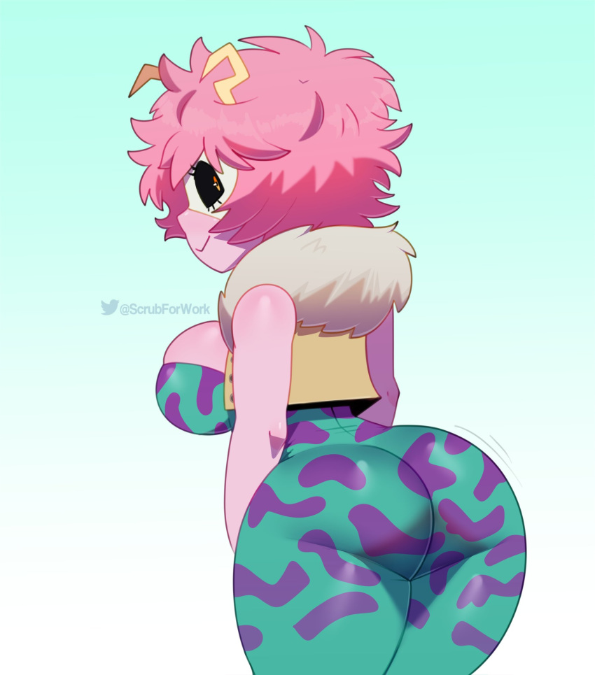 ashido_mina big_breasts big_butt breasts butt clothing female hair hi_res humanoid looking_at_viewer looking_back my_hero_academia not_furry pink_body pink_hair pink_skin solo somescrub thick_thighs tight_clothing wide_hips