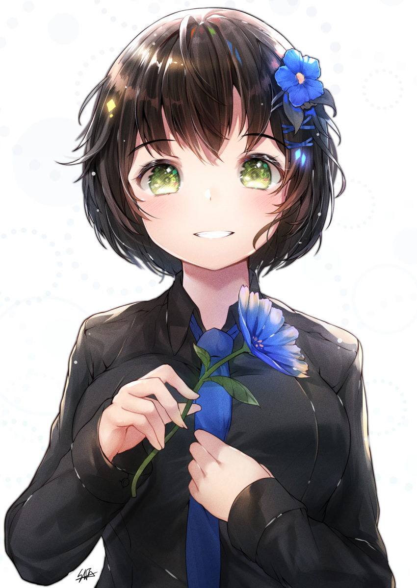 1girl bangs blue_flower blue_neckwear blush breasts brown_hair clip_studio_paint_(medium) eyebrows_visible_through_hair flower green_eyes grin hair_flower hair_ornament hairclip hands_up highres hiromaster_sinta_jh holding holding_flower large_breasts long_sleeves looking_at_viewer necktie original shirt short_hair signature smile solo symbol_commentary upper_body white_background x_hair_ornament