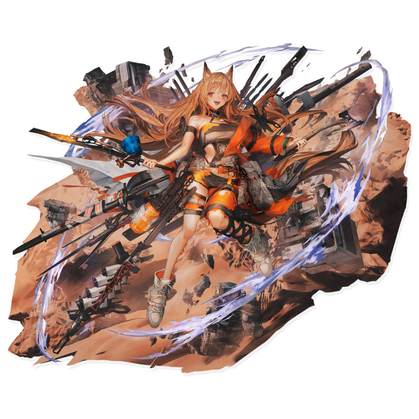 1girl :d animal_ears arknights arm_strap axe bare_arms bare_shoulders black_shorts brown_hair ceobe_(arknights) copyright_name fangs highres holding holding_axe holding_weapon lm7_(op-center) long_hair looking_at_viewer official_art open_mouth originium_arts_(arknights) red_eyes shoes short_shorts shorts smile sneakers solo staff thighs transparent_background weapon white_footwear