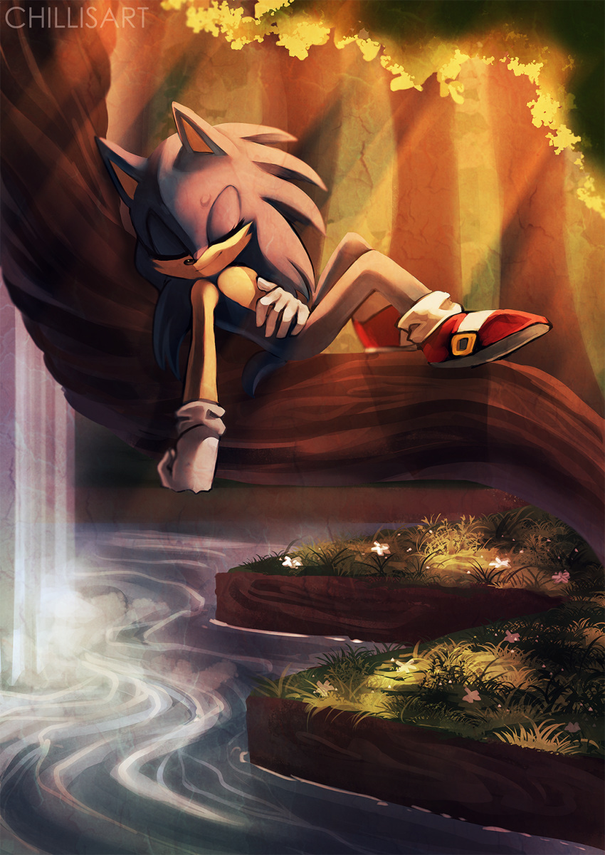 1boy animal_ears artist_name blue_hair clenched_hand closed_eyes closed_mouth commentary day english_commentary flower full_body furry gloves grass hand_up highres knees_up light_rays long_hair male_focus outdoors reclining red_footwear shoes sleeping smile solo sonic sonic_the_hedgehog spacecolonie stream sunlight tail tree water waterfall watermark white_flower white_gloves