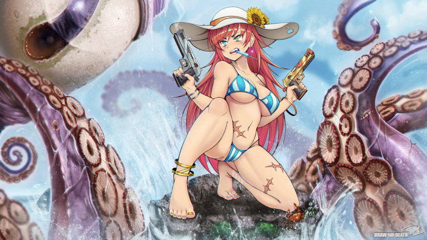 16:9 2019 5_toes ambiguous_gender anklet barefoot beauty_mark big_breasts bikini blood blue_eyes blush bodily_fluids bracelet breasts clothed clothing colored_nails colored_toenails draw-till-death_(artist) duo feet female flower food green_eyes gun hair heterochromia hi_res holding_gun holding_object holding_weapon human human_focus humanod_feet humanoid_feet jewelry kraken larger_ambiguous long_hair mammal monster nails navel not_furry_focus open_mouth orange_hair plant popsicle ranged_weapon savana_sunflower scar signature size_difference smaller_female solo_focus sun_hat suntan swimwear tan_line teeth tentacles toenails toes water weapon wet widescreen