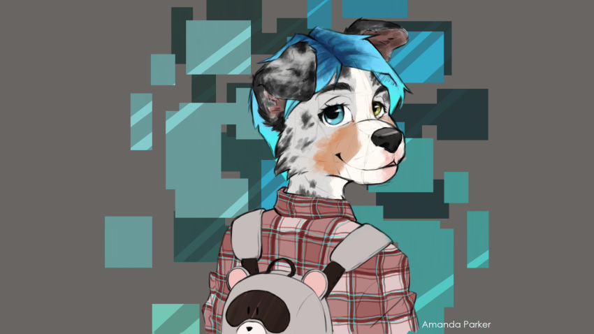 16:9 amanda13parker anthro australian_shepherd backpack blue_hair border_collie canid canine canis clothed clothing collie commission_art digital_drawing_(artwork) digital_media_(artwork) digital_painting_(artwork) domestic_dog english_text fan_character female flannel flat_colors floppy_ears hair herding_dog hi_res lena_(character) looking_at_viewer looking_back mammal merle pastoral_dog photoshop sheepdog sketch smile solo text widescreen