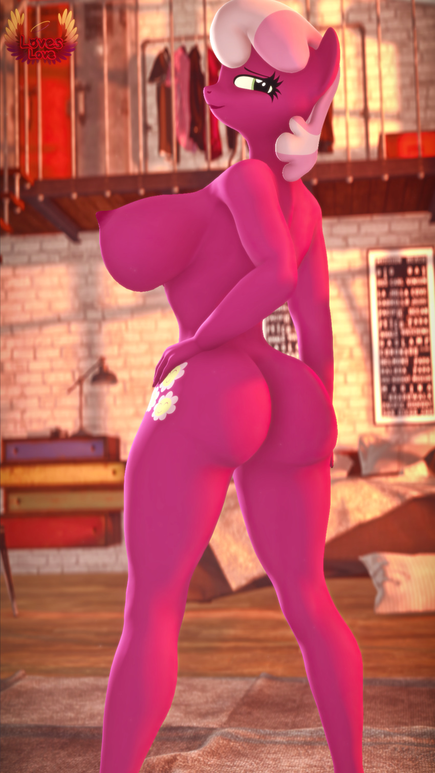 3d_(artwork) 4k 9:16 absurd_res anthro anthrofied big_breasts breasts butt_pose cheerilee_(mlp) digital_media_(artwork) equid equine female friendship_is_magic hand_on_hip hasbro hi_res looking_back loveslove mammal my_little_pony nude pose rear_view solo
