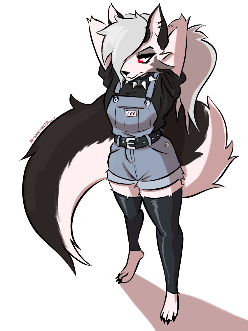 anthro black_body black_fur black_nose canid canid_demon canine capaoculta clothing collar demon ear_piercing female fur grey_body hellhound helluva_boss hi_res loona_(vivzmind) mammal monster piercing red_eyes solo were werecanid werecanine werewolf white_body