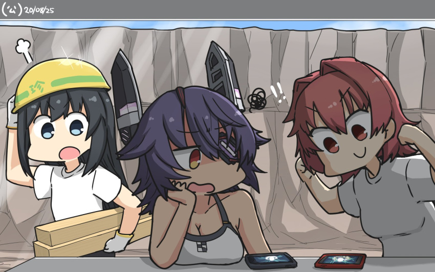 3girls alternate_costume asashio_(kantai_collection) bikini black_hair blue_eyes breasts cellphone cleavage commentary_request dated eyepatch gloves hair_intakes hamu_koutarou hardhat headgear helmet highres kantai_collection kinu_(kantai_collection) large_breasts long_hair multiple_girls phone plank pose purple_hair red_eyes red_hair shed shirt short_hair smartphone swimsuit t-shirt tenryuu_(kantai_collection) upper_body white_bikini white_gloves white_shirt yellow_eyes