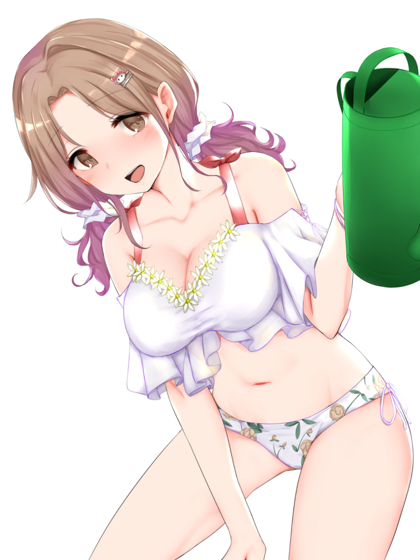 1girl bangs bikini bikini_bottom bracelet breasts brown_eyes brown_hair cleavage commentary_request floral_print flower hair_ornament hair_scrunchie hairclip highres ichikawa_hinana idolmaster idolmaster_shiny_colors jewelry large_breasts long_hair looking_at_viewer low_twintails navel open_mouth parted_bangs print_bikini rocha_(aloha_ro_cha) scrunchie solo swimsuit twintails white_background