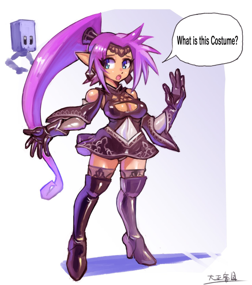 1girl black_eyes blue_eyes boots breasts cleavage cleavage_cutout confused cosplay dark_skin english_text floating highres looking_back medium_breasts nier_(series) nier_automata oomasa_teikoku pod_(nier_automata) ponytail purple_hair robot shantae_(character) shantae_(series) solo_focus speech_bubble thigh_boots thighhighs yorha_no._2_type_b yorha_no._2_type_b_(cosplay)