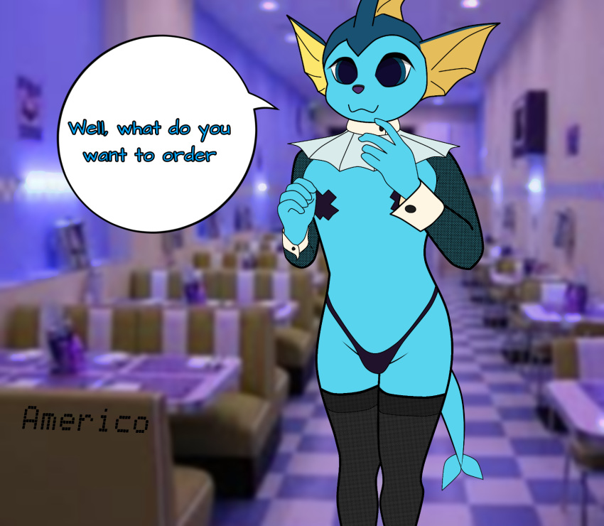 americofoxy anthro anthrofied bulge eeveelution english_text hi_res male nintendo pok&eacute;mon pok&eacute;mon_(species) pok&eacute;morph solo text vaporeon video_games