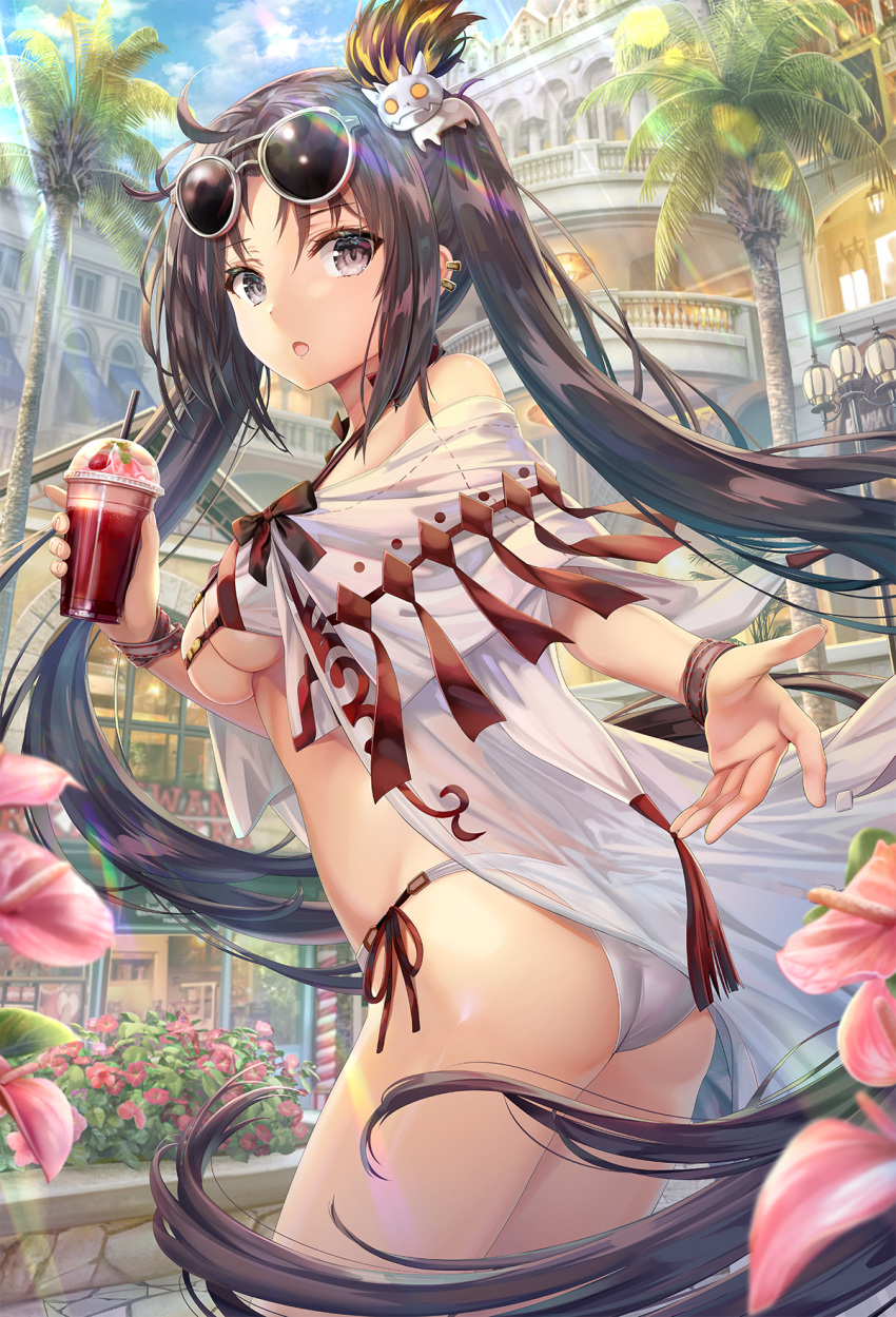 1girl ass bangs bare_shoulders bikini breasts brown_eyes brown_hair cleavage consort_yu_(fate) cup disposable_cup drinking_straw earrings eyewear_on_head fate/grand_order fate_(series) flower hair_ornament highres jewelry light_rays long_hair medium_breasts multiple_earrings navel open_clothes palm_tree robe sunglasses swimsuit thighs torino_akua tree twintails very_long_hair white_bikini yu_miaoyi_(swimsuit_lancer)