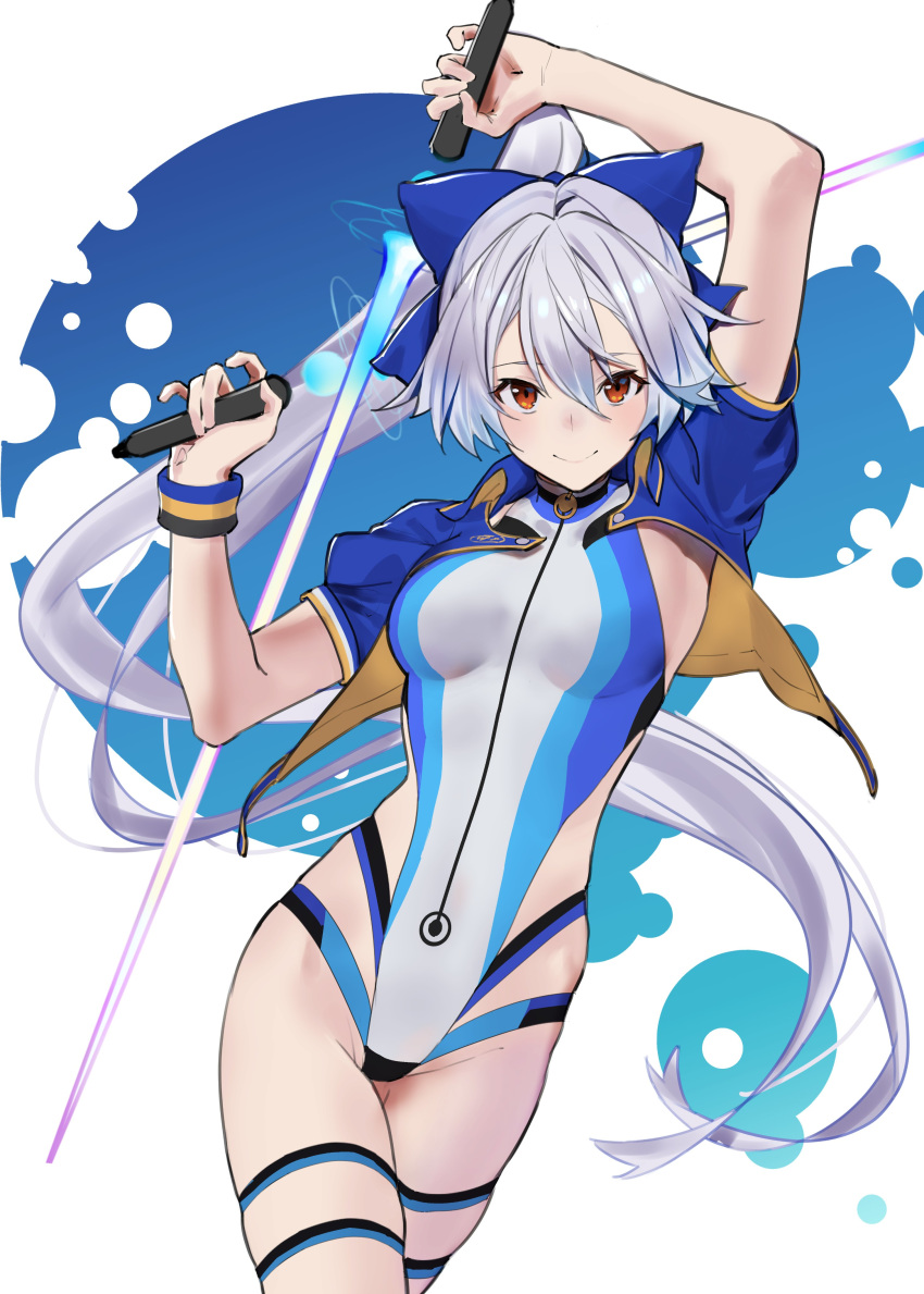 1girl absurdres arms_up bangs blue_bow blue_jacket blue_swimsuit blush bow breasts closed_mouth dual_wielding energy_sword fate/grand_order fate_(series) hair_between_eyes hair_bow highleg highleg_swimsuit highres holding jacket jikatarou large_breasts long_hair looking_at_viewer one-piece_swimsuit ponytail red_eyes short_sleeves silver_hair smile swimsuit sword thigh_strap thighhighs tomoe_gozen_(fate/grand_order) tomoe_gozen_(swimsuit_saber)_(fate) two-tone_swimsuit very_long_hair weapon white_swimsuit