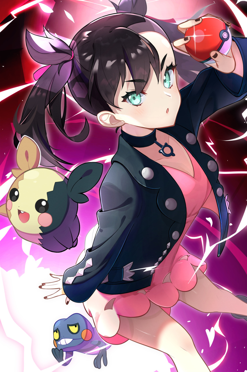 1girl :o aqua_eyes asymmetrical_hair black_hair black_jacket blush choker croagunk dress gen_4_pokemon gen_8_pokemon highres jacket leather leather_jacket mary_(pokemon) morpeko open_clothes open_jacket open_mouth pink_dress poke_ball pokemon pokemon_(game) pokemon_swsh short_twintails solo takom twintails