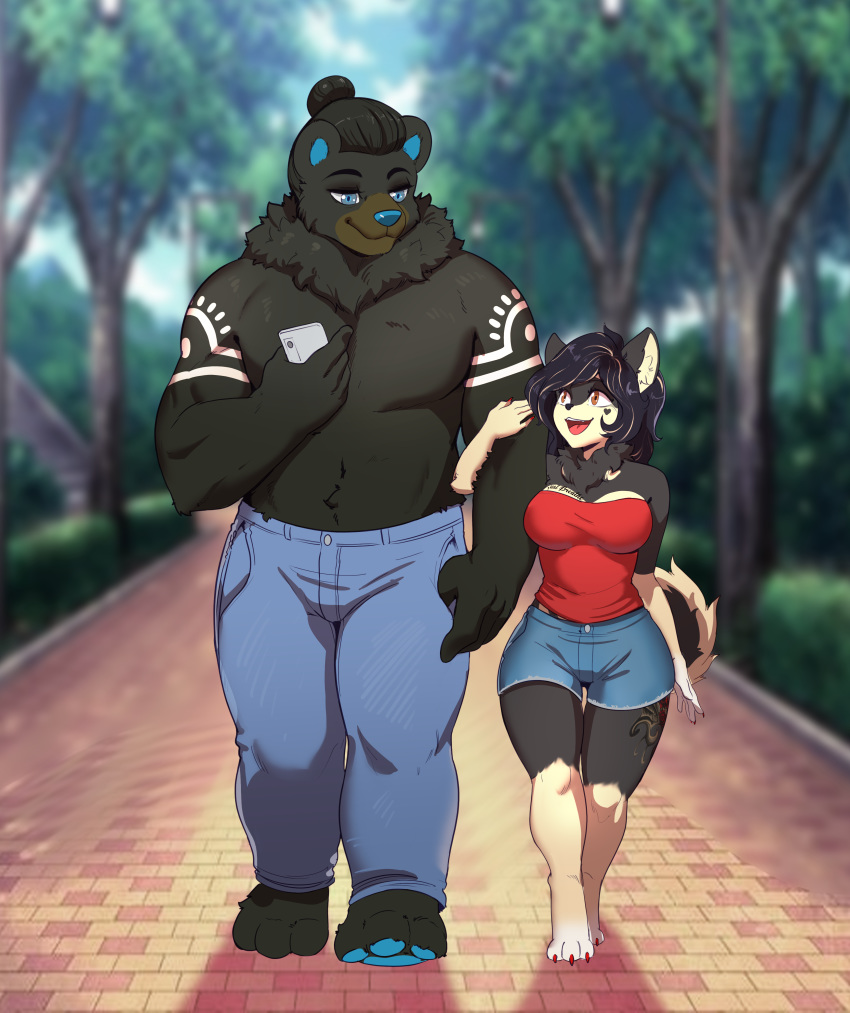 absurd_res anthro aoshi blue_eyes bottomwear breasts canid canine canis clothed clothing cute_expression cute_eyes cute_face digital_media_(artwork) domestic_dog duo female fingers fluffy fluffy_ears fluffy_tail fur hair hair_bun hi_res jenni_(jennibutt) male male/female mammal neck_tuft open_mouth outside park pomeranian public simple_background smile spitz tattoo thick_thighs tobias_aurora tongue topwear tree tuft ursid walking wide_eyed wide_hips