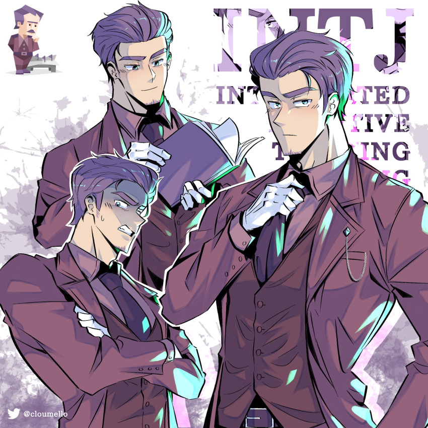 16personalities 1boy architect_(16personalities) beard_stubble blue_eyes closed_mouth cloumello commentary facial_hair gloves hair_slicked_back hand_up highres jacket long_sleeves looking_at_viewer male_focus multiple_views myers-briggs_type_indicator necktie purple_hair purple_jacket purple_necktie purple_theme red_vest short_hair small_sweatdrop stubble vest white_gloves