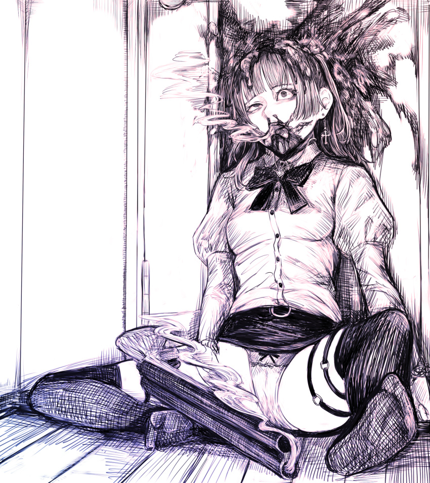 1girl against_wall arms_at_sides bags_under_eyes belt blood blood_from_mouth blood_splatter blunt_bangs bow bow_panties bowtie brain breasts cameltoe collared_shirt commentary_request corpse cross cross_earrings crosshatching death disorder! double-barreled_shotgun earrings exposed_brain gun guro hatching_(texture) heart heart_necklace high_contrast highres jewelry juliet_sleeves long_hair long_sleeves looking_up miniskirt monochrome necklace no_shoes nosebleed o-ring o-ring_thigh_strap open_mouth original panties puffy_sleeves school_uniform shirt shirt_tucked_in shotgun sitting skirt small_breasts smoke solo spread_legs suicide thigh_strap thighhighs tongue tongue_out two_side_up underwear uneven_eyes weapon