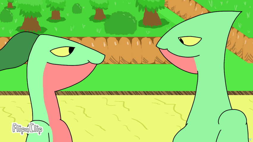 animated anthro bodily_fluids casual_loser digital_media_(artwork) duo female flipaclip_(artwork) game_freak generation_3_pokemon grass green_body grovyle head_tilt kissing larger_female leaf leaf_on_head male male/female nintendo plant pokemon pokemon_(species) red_body rock saliva saliva_on_tongue sand sceptile shrub side_view size_difference tongue tree watermark yellow_eyes