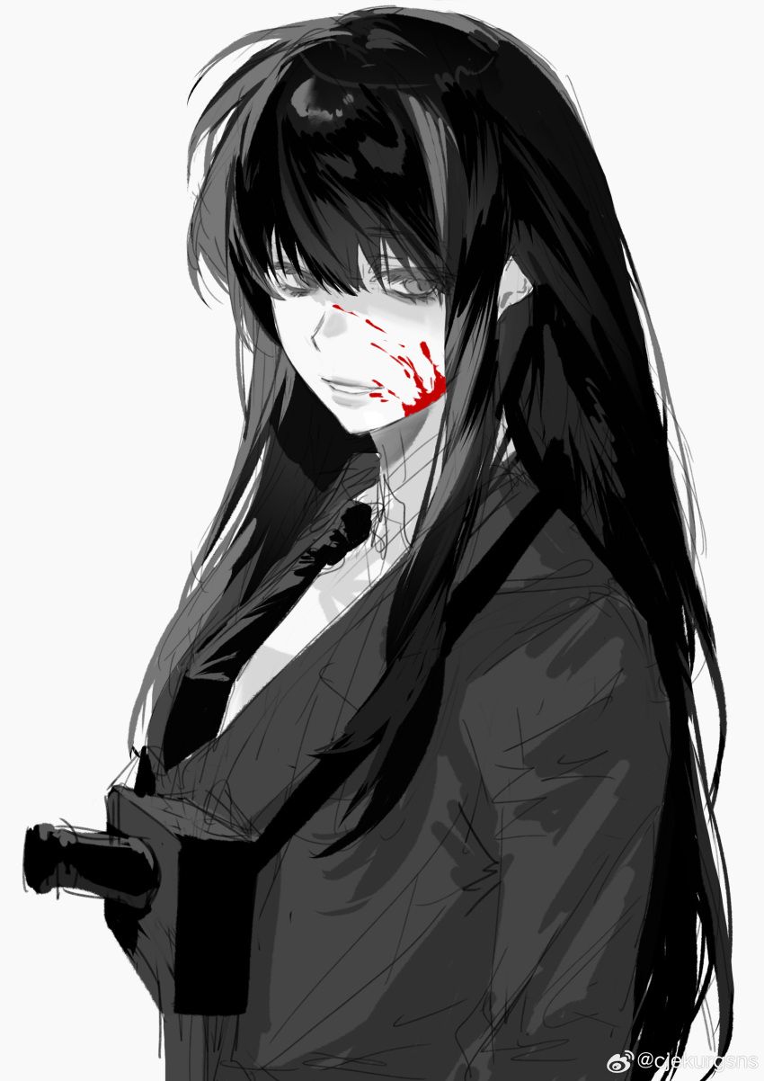 1girl absurdres alternate_costume artist_request bad_id bad_weibo_id blood blood_on_face blood_splatter blunt_bangs camera camera_around_neck collared_coat collared_shirt evil_smile grey_background highres like_mother_like_daughter long_hair looking_to_the_side monochrome necktie partially_colored school_uniform shaded_face shirt simple_background smile solo somyung's_mother_(like_mother_like_daughter) spoilers standing teeth upper_body watermark weibo_username weibo_watermark