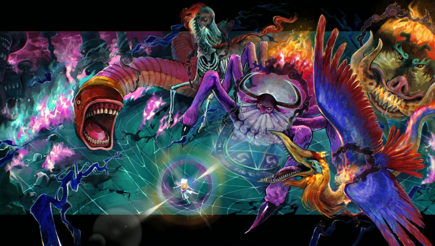 6+boys aklirkiefer alternate_form bakotsu_(youkai) beard bird black_hat boar colored_sclera ethan-baron_v._nusjuro facial_hair fire gear_fifth gorosei hat highres horns horse itsumade_(youkai) jaygarcia_saturn male_focus marcus_mars monkey_d._luffy monster_boy multiple_boys one_piece open_mouth pentagram purple_sash sash sharp_teeth shepherd_ju_peter short_hair shorts skeleton teeth thick_beard topman_warcury tusks unworn_headwear ushi-oni_(youkai) white_hair white_shorts worm yellow_sclera