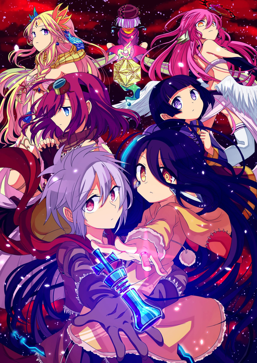 2boys 5girls ahoge angel_wings back blonde_hair blue_eyes braid breasts chess_piece closed_mouth couronne_(no_game_no_life) elf feathered_wings gloves goggles goggles_on_head gradient_hair halo hat highres jibril_(no_game_no_life) king_(chess) large_breasts long_hair low_wings magic_circle multicolored multicolored_eyes multicolored_hair multiple_boys multiple_girls no_game_no_life nonna_(no_game_no_life) orange_eyes pink_hair pointy_ears purple_eyes purple_hair red_eyes riku_(no_game_no_life) scarf short_hair shuvi_(no_game_no_life) silver_hair sync_nilvalen teto_(no_game_no_life) very_long_hair white_wings wing_ears wings yellow_eyes yuiti43